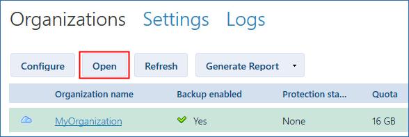 6. Click Configure. 7. On the Backup storage tab, in Backup storage, specify the path to the shared folder allocated for storing organization's backups.