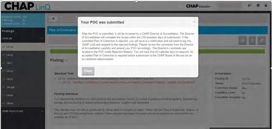 After you select the Submit button on the pre-submission page, a popup window will display a POC confirmation message.