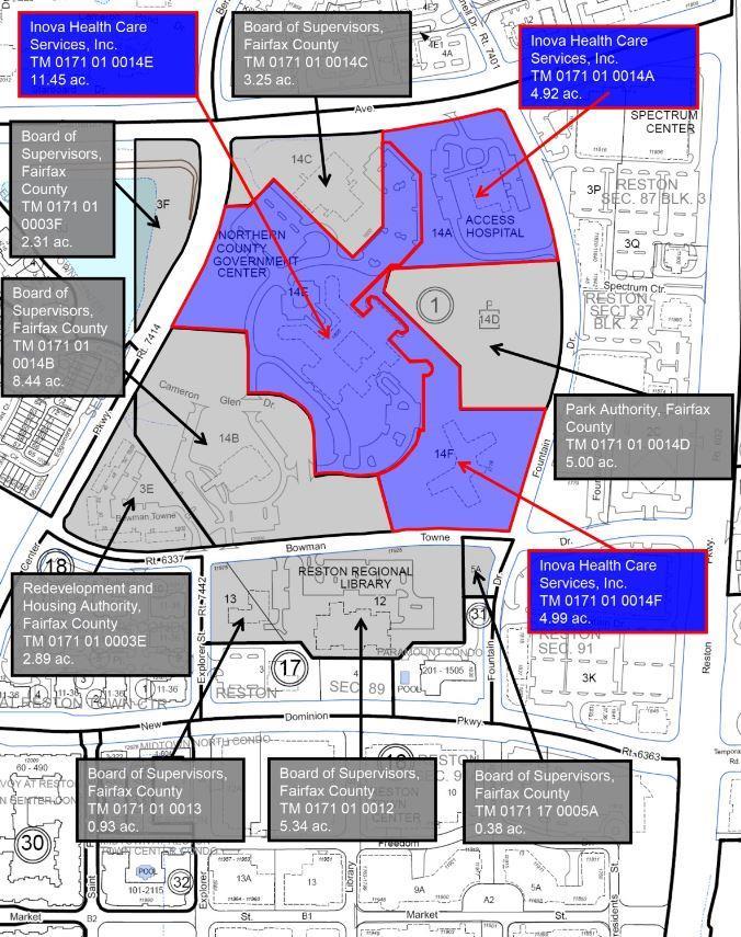 Existing Ownership Diagram * Owner Acreage % Fairfax County BOS 25.65 55% Inova 21.