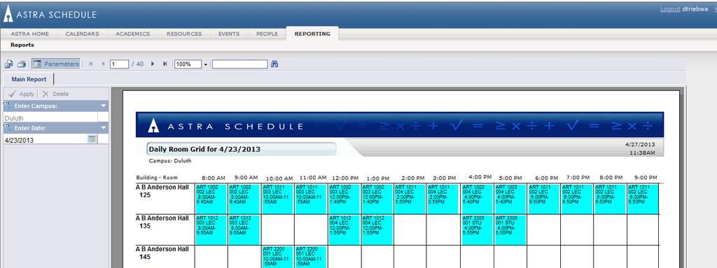 To see a grid view of all activities on campus for a selected date: 1- On the Astra Home page, find the report list widget. 2- Click on Daily Room Grid. This takes a few seconds to load.