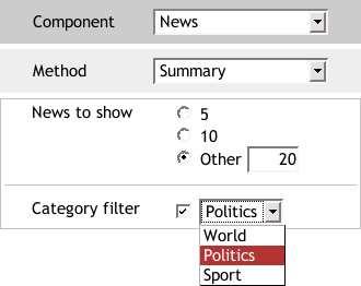News Summary Article News to show Category filter 5 10 Other World Politics Sport Number Figure 2: Feature diagram for a News component.
