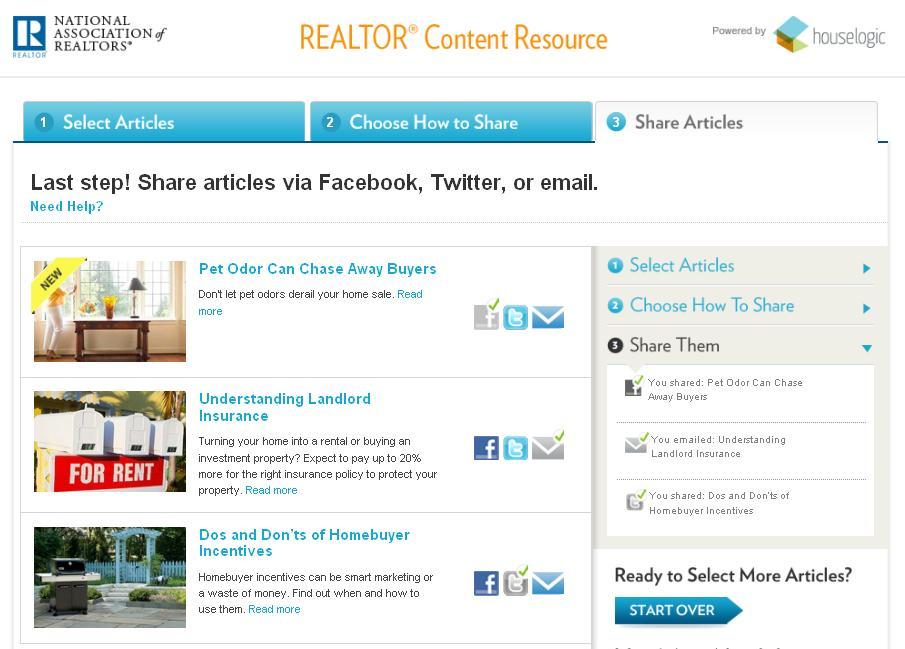 REALTOR Content Resource Share Socially Next, decide if you want to share articles via Facebook, Twitter, email, or all three.