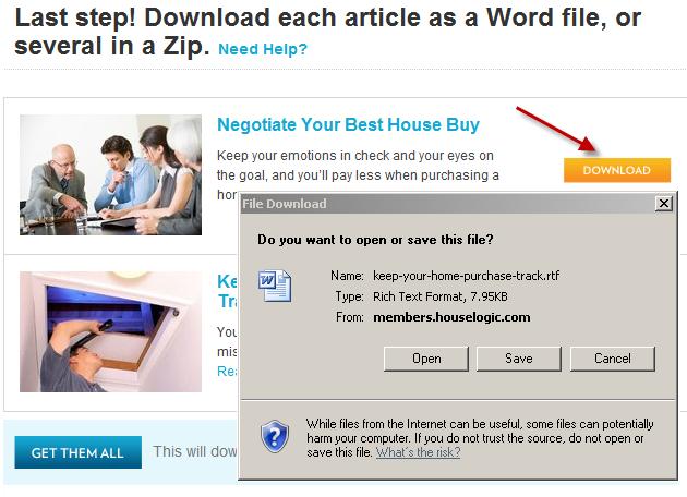 REALTOR Content Resource Downloading Handouts Click the Select box next to the articles you want to receive as handouts. A pop-up box will display, prompting you to save the file.