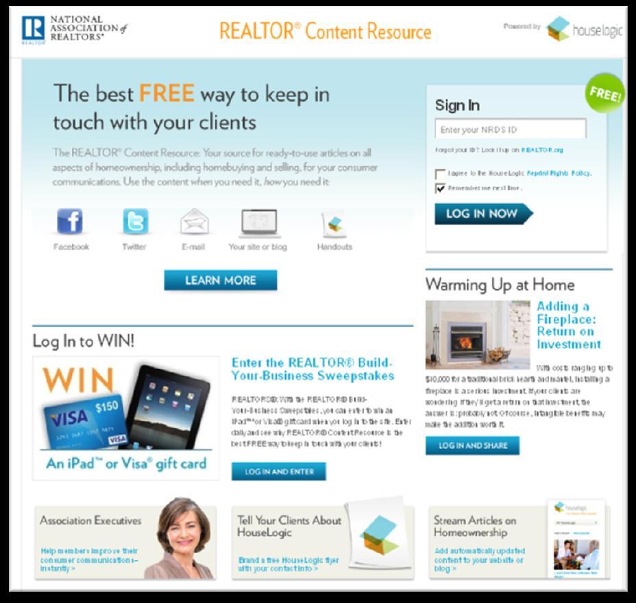 REALTOR Content Resource Log In To Log In go to: houselogic.com/members 1. Enter your NRDS ID# in the Sign In box. 2.