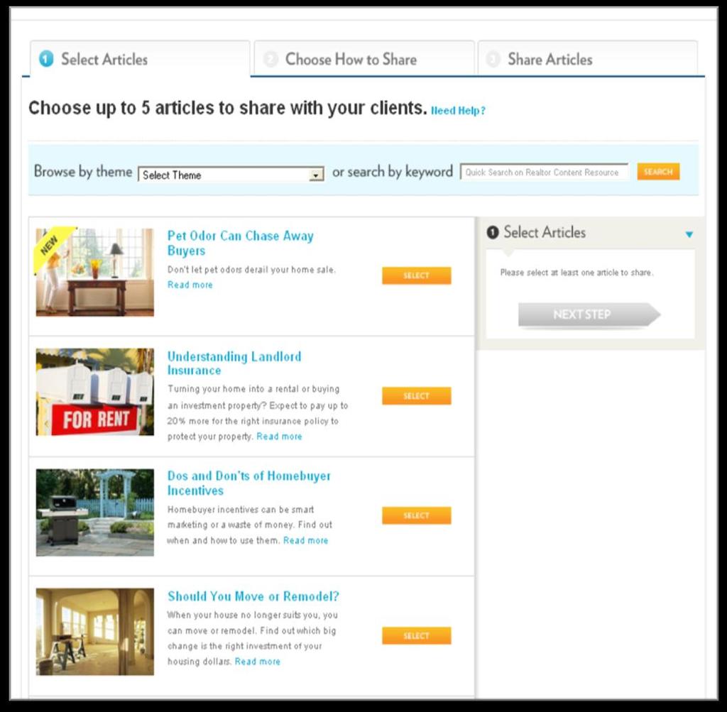 REALTOR Content Resource Select Articles Choosing which articles you want to share with clients is easy: 1.