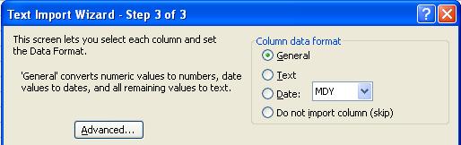 It may be easier to skip this step and do all formatting from within the Excel spreadsheet. Click the Finish button.