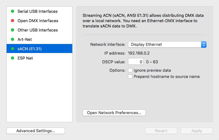 # To set up DMX output through sacn: 1 Select sacn (E1.31) on the left. 2 Select the network interface which your sacn interface is connected to.
