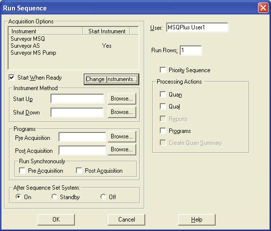3 Automating Analysis Running Samples Use the Run Sequence dialog box, shown in Figure 56, to do the following: Identify the range of samples for analysis from the current list Configure instruments