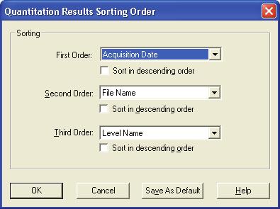 4 Reviewing Quantitation in Quan Browser The Results Grid Changing the Sort Order To change the sort order for entries in the results grid, right-click the grid, and choose Set Sorting Order from the