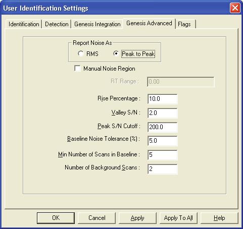 4 Reviewing Quantitation in Quan Browser Chromatogram View Genesis Advanced Page Xcalibur applies the Genesis Advanced page (see Figure 79) parameters during Genesis peak detection and integration.
