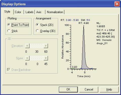 4 Reviewing Quantitation in Quan Browser Chromatogram View Changing Display Options Use the Display Options dialog box (see Figure 81) to change the way Quan Browser displays the Chromatogram View.