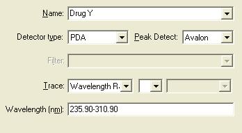 (Optional) When you are working with MS or PDA data, if you selected a range for the trace in step 5 above, enter the appropriate range(s) in the Mass box or the Wavelength box for the MS data or PDA