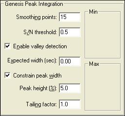 2 Processing Setup Detection Genesis Peak Integration Parameters The Genesis Peak Integration area shown in Figure 21 contains the following options for peak integration: Figure 21.
