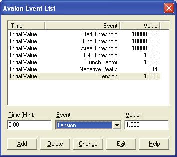 2 Processing Setup Detection Avalon Event List When using the Avalon peak integration algorithm, click Advanced on the Detection page to open the Avalon Event List dialog box shown in Figure 27.