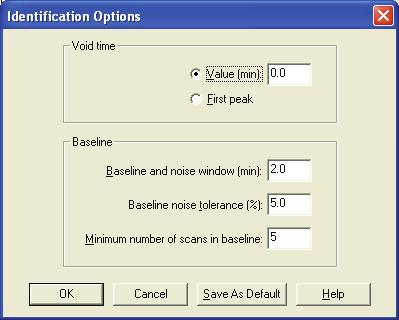 2 Processing Setup Detection Peak Identification Options Choose the Options > Identification menu command to open the Identification Options dialog box shown in Figure 29.