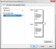 5. On the Layout tab, select Flip on Short Edge for the Print on Both Sides setting. 6. Click Apply. Your PC application s Print settings may override the settings in the Card Printer Driver.