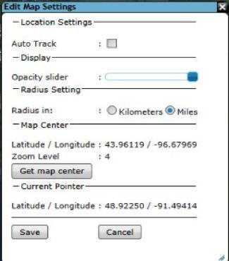 11.13. Editing map settings To change map settings, put your mouse on the map menu to select the Edit Map Settings window. Cancel to discard the changes. Close to close the Default Settings window.