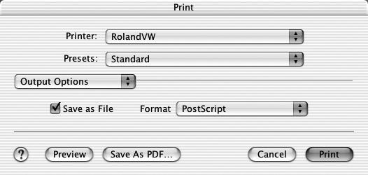 Select "RolandVW" or the printer name set at the RIP server (spooler name). Check This First (p. 23) Select the media size. Click [OK].