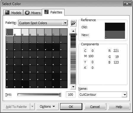 Click the [Palettes] tab. Select the "Custom spot colors". Select the "Cut- Contour" spot color. Click [OK].