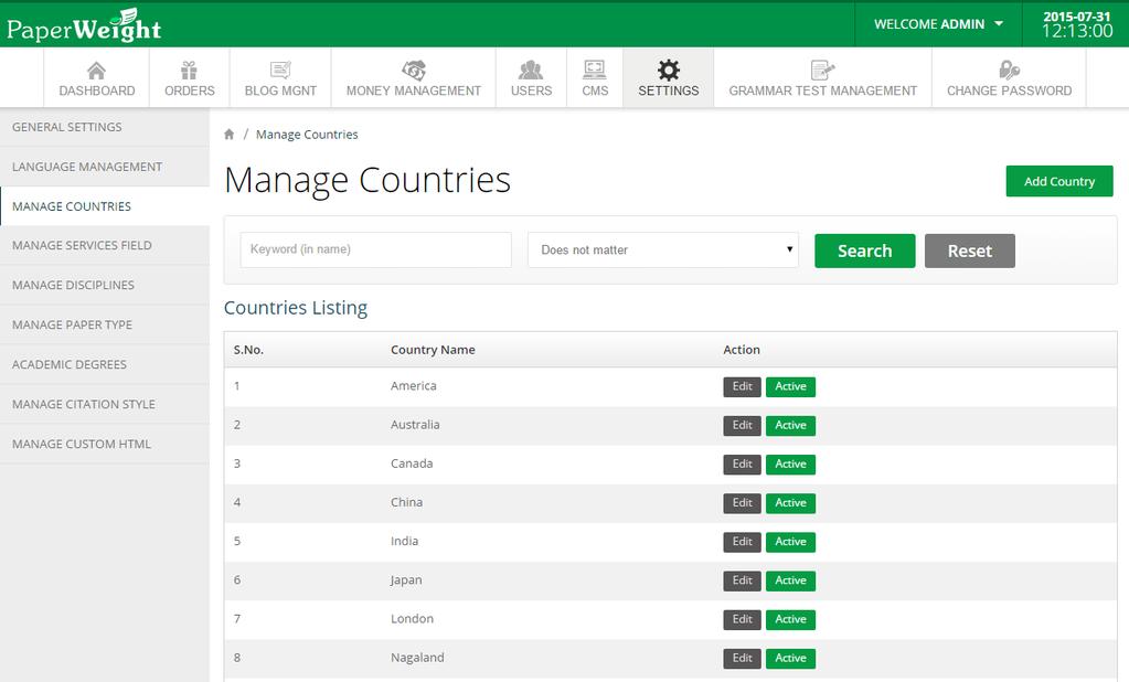 Manage Countries Admin can manage countries from this section. Admin can add new country or Edit the existing country.