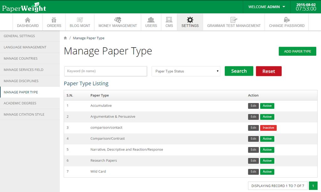Manage Paper Type Admin can manage Paper Type from this section. Admin can add Paper Type or Edit the existing Paper Type.