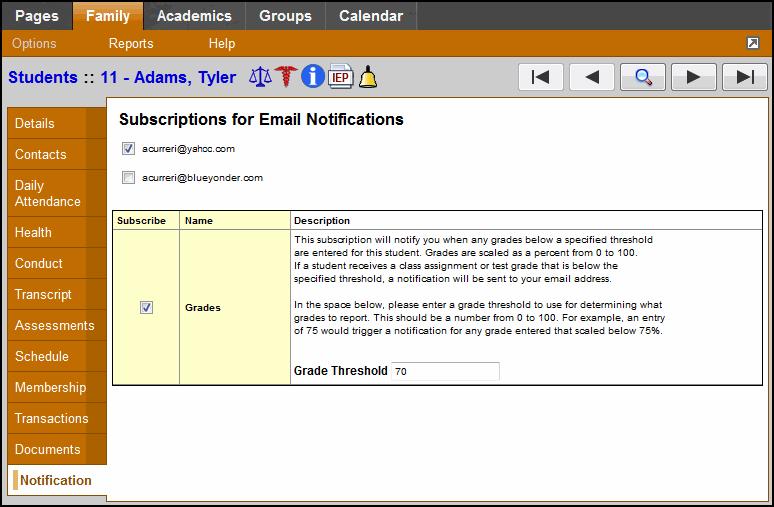 3. At the top of the page, any email addresses associated with your account appear. Select the checkbox next to each email address you want to receive notifications. 4.