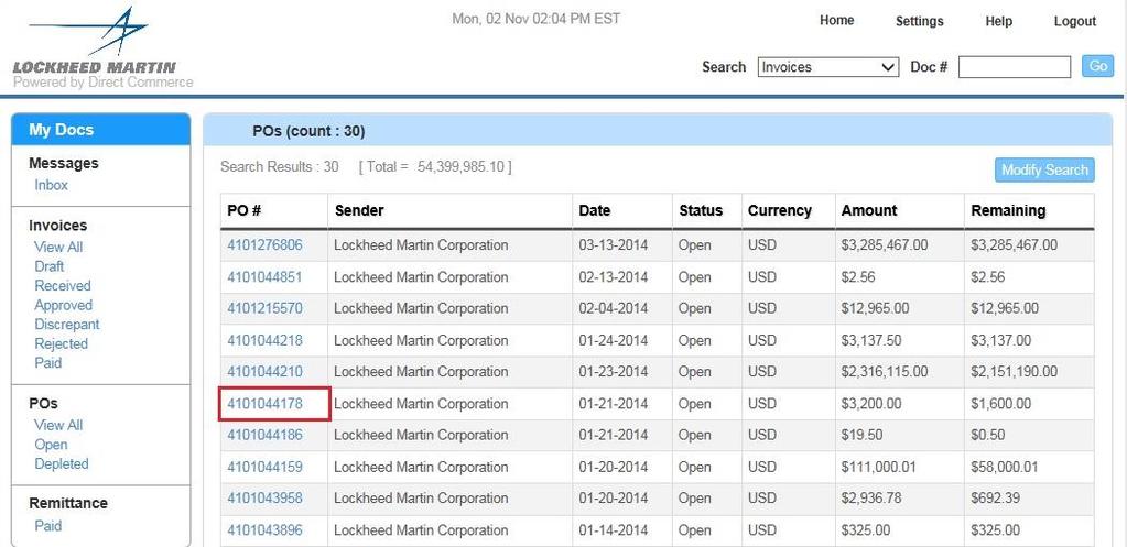9. Here you will see the purchase orders from Lockheed Martin which you have approved.
