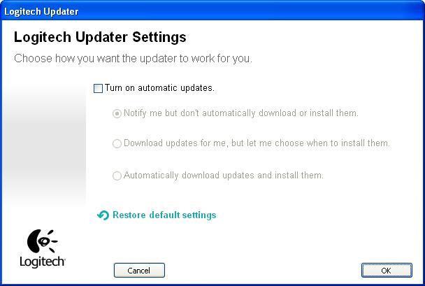 15. Click the Configure button located on the left side. 16. The Logitech Updater Settings screen will open when the Configure button is selected.