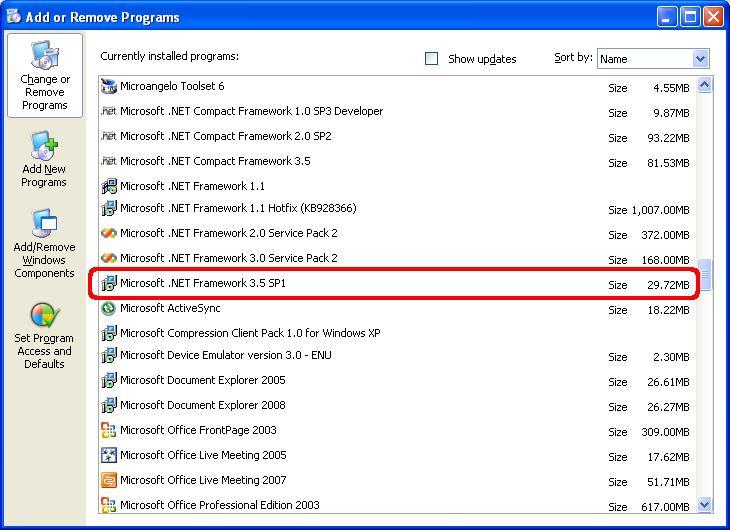 7..NET framework v3.5 SP1 (or newer) installed. Click the Windows Start button and choose Control Panel Add/Remove Programs. Look for the section listing Microsoft.NET Framework.