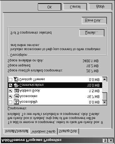 38 Internet Access with Dial-Up Network (for Windows 98 and Me) Activate the register card Windows Setup in the dialog Add/Remove