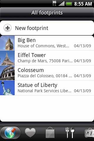 172 Maps and location Using HTC Footprints HTC Footprints provides an easy way to record favorite places and revisit those places.