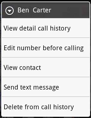 you redial, send a text message, or delete from call history. Tap to show the call history for that particular contact. You can also access call history from the People application.