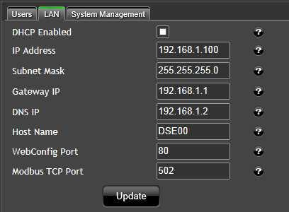 Setup 5.7.2 LAN Ensure you consult with the IT/Network manager of the site before connecting the DSE855 to the network and before making any changes to these settings on an existing installation.