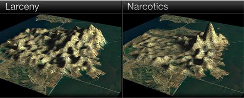 Some experimental crime data visualizations express the crime rate through 3D representations of elevation.