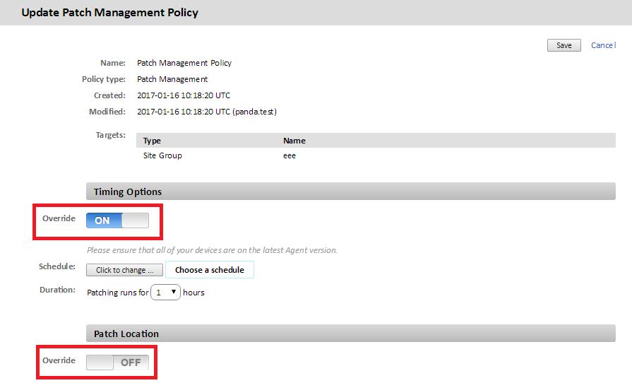Figure 95: patch Management policy override options This screen is divided into two