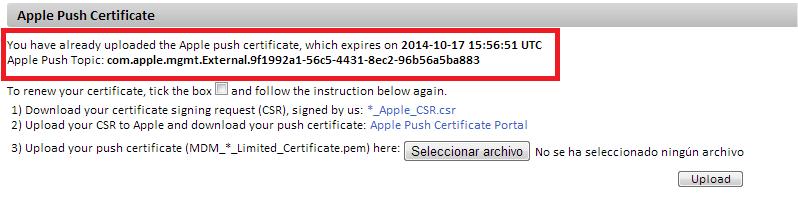 - Download the certificate signing request (CSR), signed by Panda Security (*_Apple_CSR.csr) - Upload the CSR file to the Apple Push Certificate Portal.