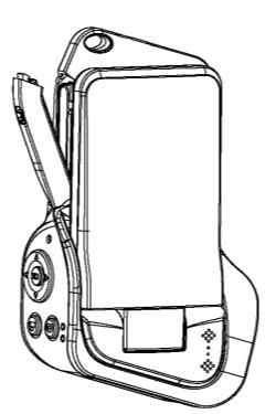 Hold the main body of the camcorder with one hand and use your other hand to pull the small battery cover lever down to the end (A).