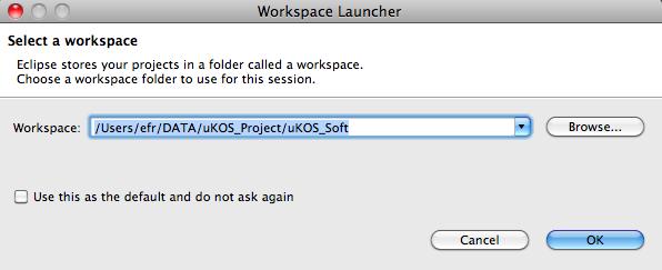 E.2.8. Build all the example applications E.3. Setting-up the Eclipse environment Follow these steps: 2. Enter into the folder: cd ${PATH_UKOS_KERNEL}/Applications/uKOS_Appls. 3.