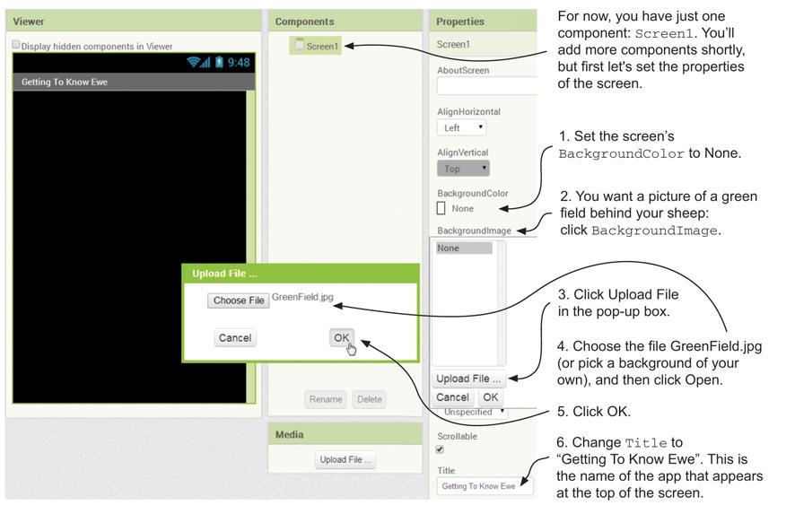 CHAPTER 2 Designing the user interface 35 1. Setting up the project Start a new App Inventor project by choosing Project > Start New Project. Give it the name GettingToKnowEwe, and click OK.
