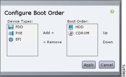 Installing the Operating System or Hypervisor Configuring the Server Boot Order Using the CIMC GUI Step 4 In the Configure Boot Order dialog box, complete the following fields as appropriate: Name