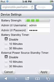 Device Settings 11 On the Device Settings screen, you can check your battery strength (charge level), change your Admin UI Password, and set power-saving options.
