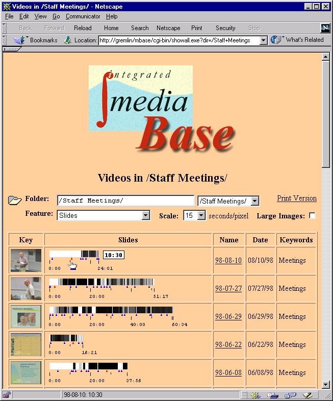 Moving the mouse changes the time and the keyframe. Triangles mark keyframe positions. Figure 2: Web-based video directory browser 4.