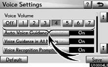 SETUP No. 1 2 3 4 5 6 7 8 Function The voice guidance volume can be adjusted or switched off. (See Voice volume on page 357.) Voice guidance during route guidance can be set to On or Off.