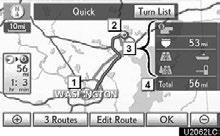 NAVIGATION SYSTEM: DESTINATION SEARCH 1 Current position 2 Destination point 3 Type of the route and the distance 4 Distance of the entire route 3. To start guidance, select OK.