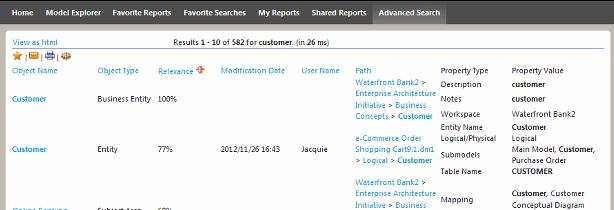 USING ER/STUDIO PORTAL > SEARCHING THE REPORTING DATABASE Property Value: The full text of the property that contains a match for the search text An advanced search result in table format is shown