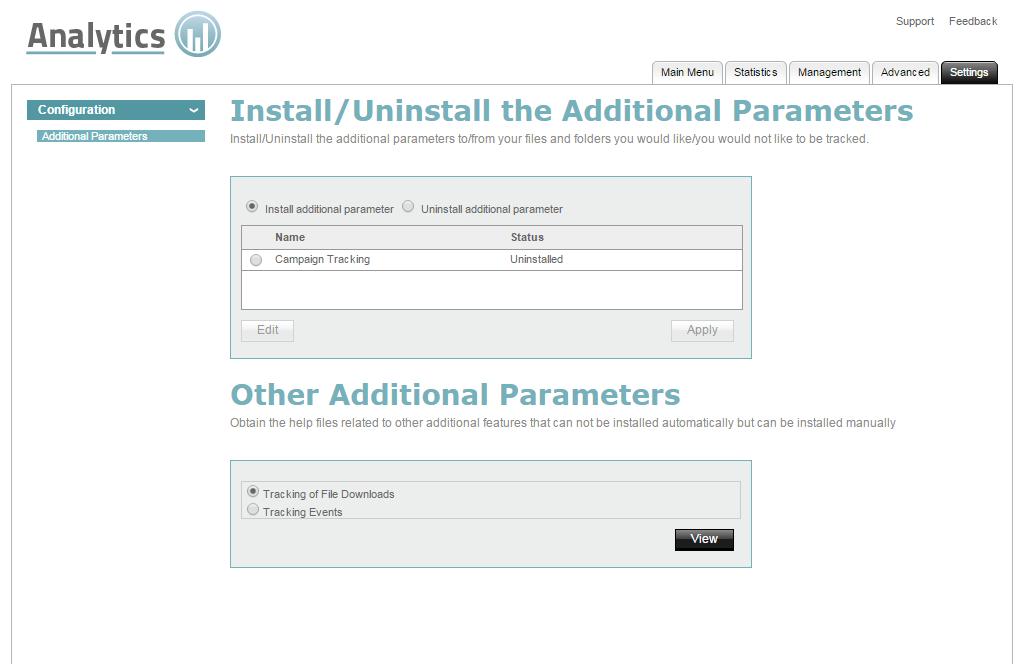 Page 58 of 59 Analytics 1.0 5 Settings This section allows you to delete data, and manage the application and configure additional parameters. 5.1 Installing Additional Parameters This section allows you to add modify the parameters being tracked on your site.