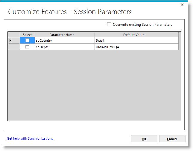 Page 129 Session Parameters Checking the checkbox will direct that all session parameter information will be added to the synchronization package and, when applied, session parameters will be added