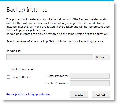 Page 24 Backing Up an Instance The Backup utility creates a compressed file, in.zip format, that contains all of the physical files and metadata associated with an instance.