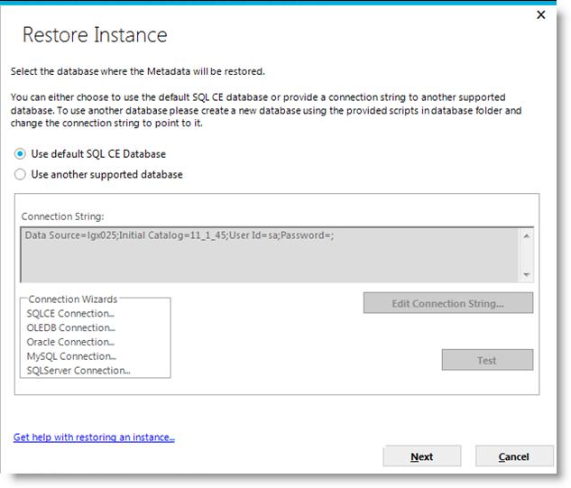 Page 29 Select the Use default SQL CE database option if that s appropriate for the newly restored instance.