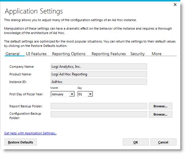 Page 48 Application Settings The Application Settings dialog box allows the System Administrator adjust the core configurations for the active instance: The settings are organized into six tabs.